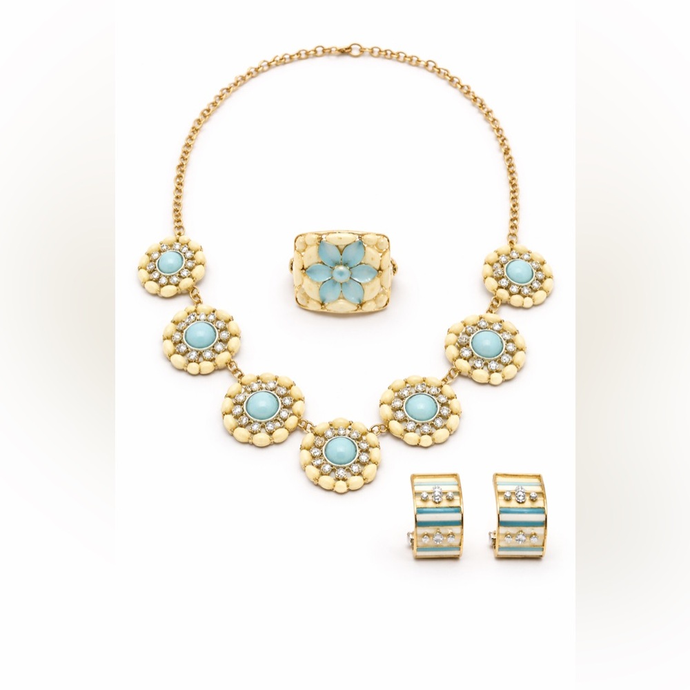 Vintage Blue Enamel Jewelry Set Necklace Ring Clip Earrings Floral Gold Tone